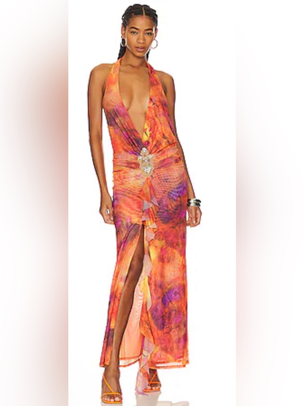 Jaded London Orange and Purple Halter Plunge Maxi Dress